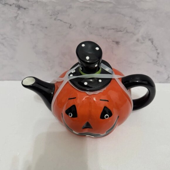 HALLOWEEN TEAPOT Pumpkin Jack O Lantern Ceramic Polka Dot Hat BRAND-NEW - Picture 8 of 9
